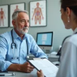 Patient homme de 55 ans en consultation médicale, médecin femme analysant des résultats de bilan rénal avec DFG élevé