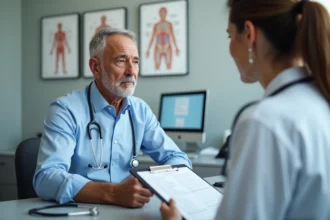 Patient homme de 55 ans en consultation médicale, médecin femme analysant des résultats de bilan rénal avec DFG élevé