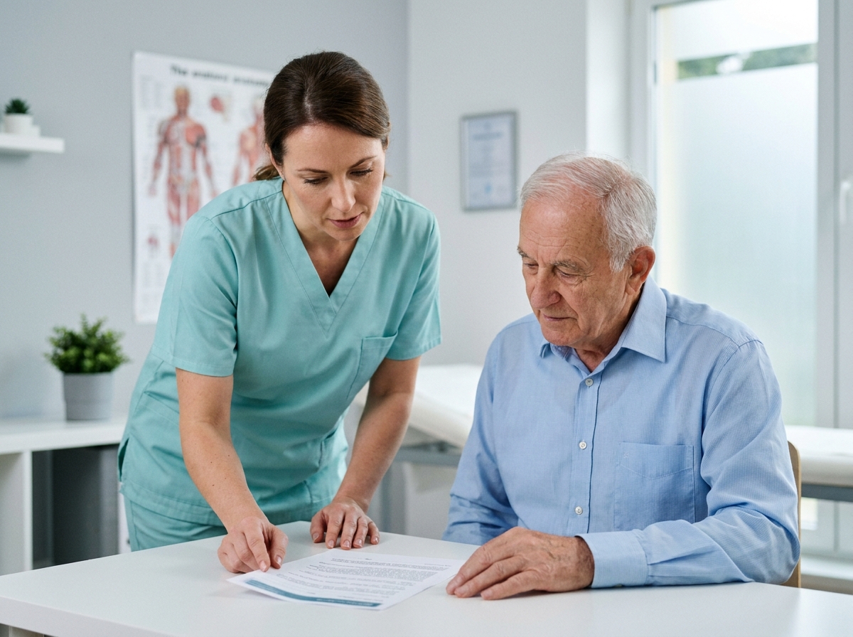 Une professionnelle de santé évalue l'autonomie d'un patient âgé lors d'une consultation médicale spécialisée