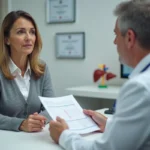Patiente d'âge moyen consultant un médecin au sujet d'un bilan sanguin des transaminases SGPT en cabinet médical