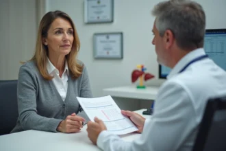 Patiente d'âge moyen consultant un médecin au sujet d'un bilan sanguin des transaminases SGPT en cabinet médical