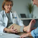 Médecin examinant la cheville enflée d'une patiente âgée lors d'une consultation médicale pour diabète