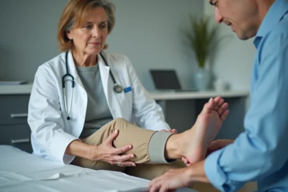 Médecin examinant la cheville enflée d'une patiente âgée lors d'une consultation médicale pour diabète