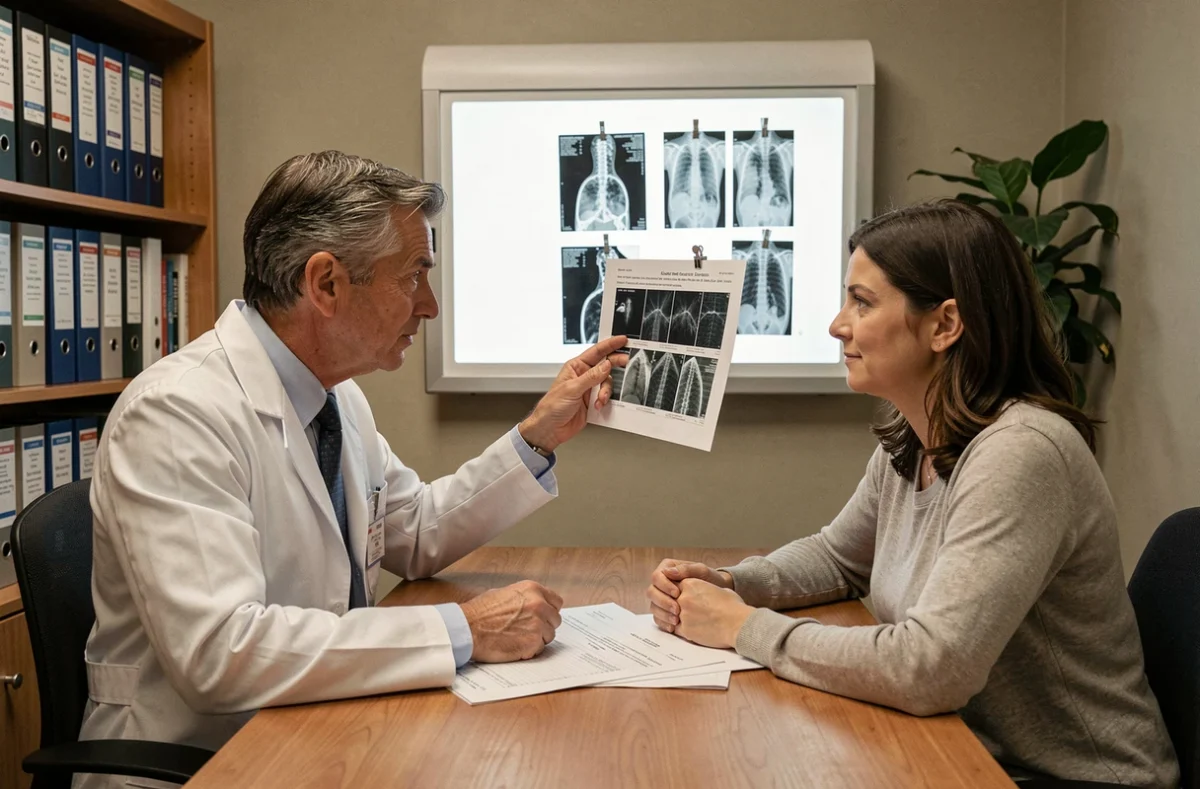 Oncologue expliquant la différence entre scanner et radiographie à une patiente lors d'une consultation médicale