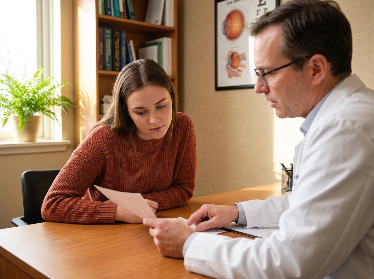 Ophtalmologue consultant une jeune patiente dans un bureau médical en examinant un bilan de santé visuelle