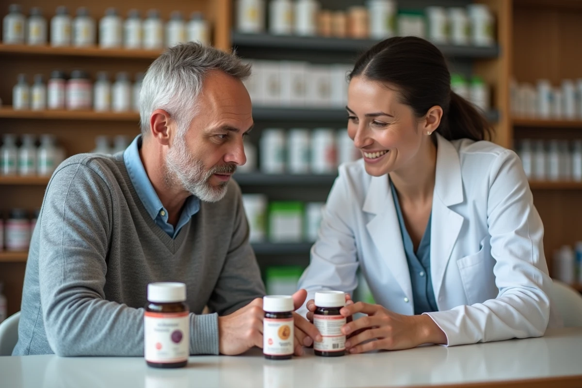 Homme consultant une pharmacienne pour choisir une alternative douce à l'huile de ricin pour la santé intestinale