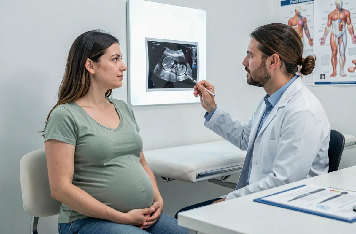 Femme enceinte en consultation prénatale avec son médecin examinant une échographie dans un cabinet médical moderne