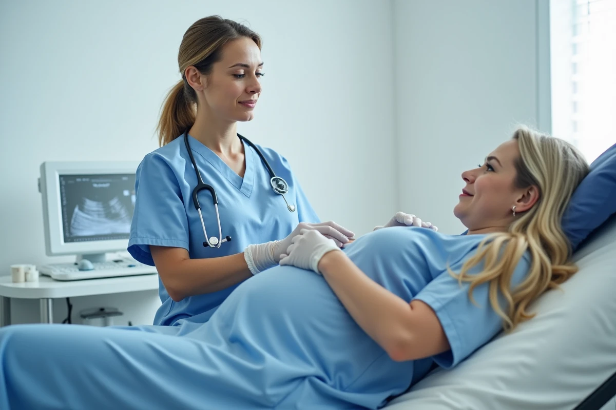 Médecin obstétricienne en consultation prénatale expliquant les signes du travail à une patiente enceinte allongée