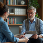 Homme d'âge moyen en consultation avec une psychiatre