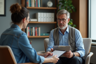 Homme d'âge moyen en consultation avec une psychiatre