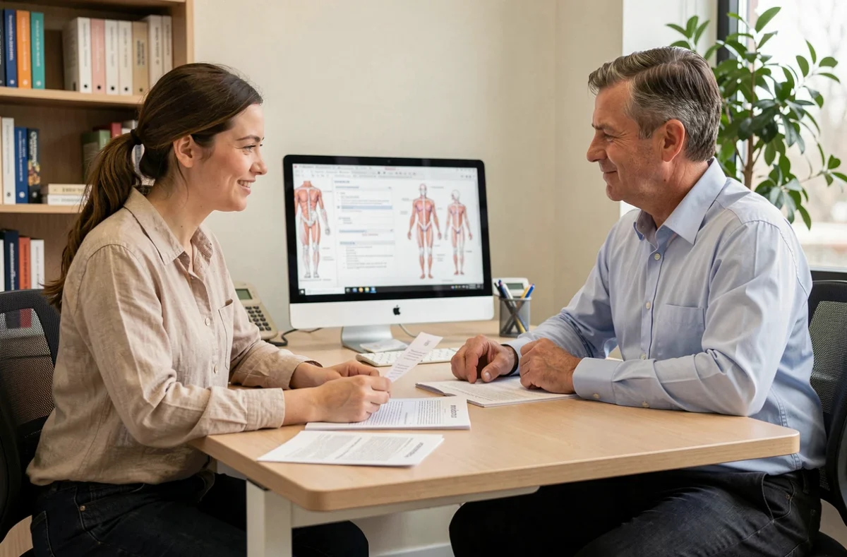 Consultation initiale de rééducation ciblée entre une patiente et un spécialiste dans un cabinet de physiothérapie