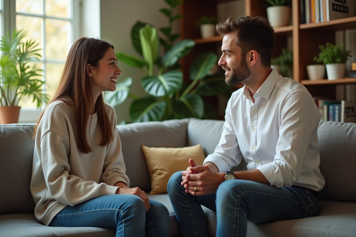 Jeune femme discutant avec un psychologue dans un salon