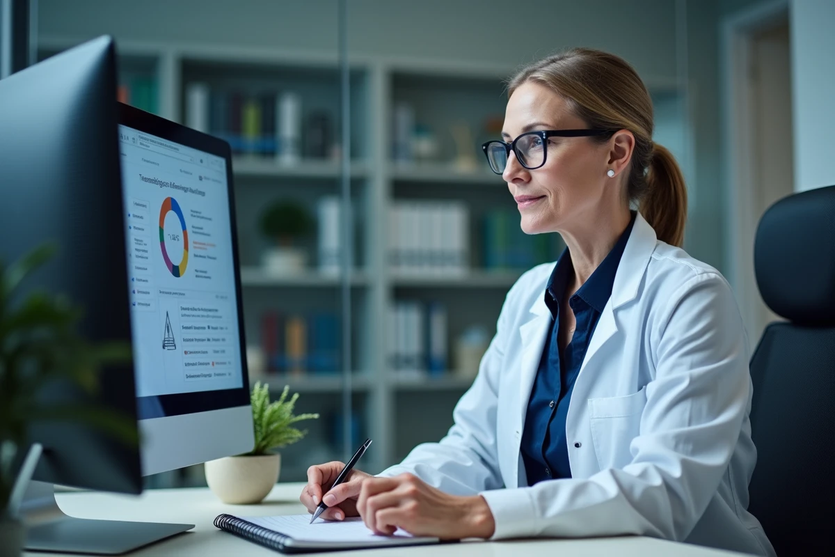 Coordinatrice de soins consultant un logiciel de gestion des soins pour améliorer la qualité de vie au travail