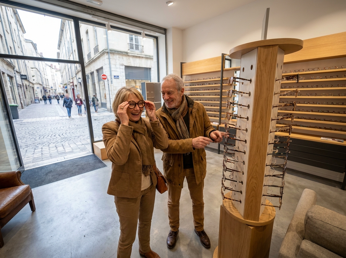 Couple de seniors choisissant ensemble des montures de lunettes dans une boutique d'optique à Valence