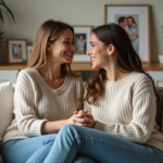 Femme souriante avec son partenaire dans un salon chaleureux
