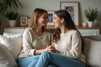 Femme souriante avec son partenaire dans un salon chaleureux
