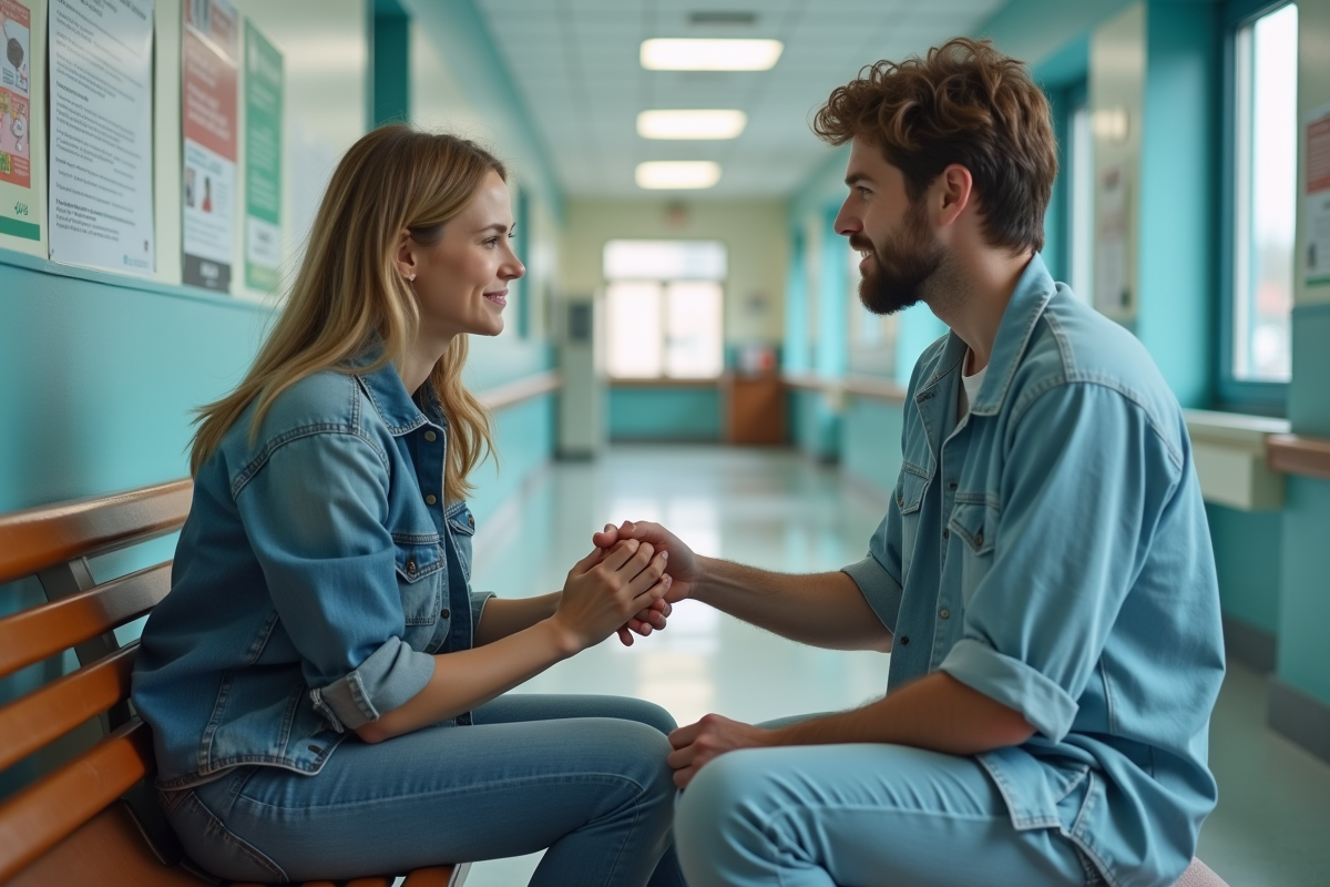Couple assis dans un couloir d