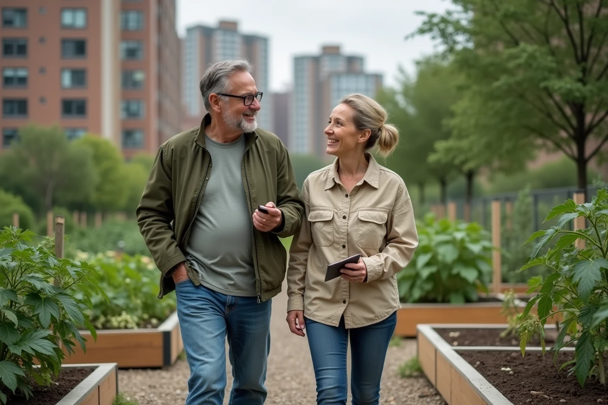 Couple inspectant un jardin urbain partagé dans le cadre de leur démarche de transition écologique et de consommation locale