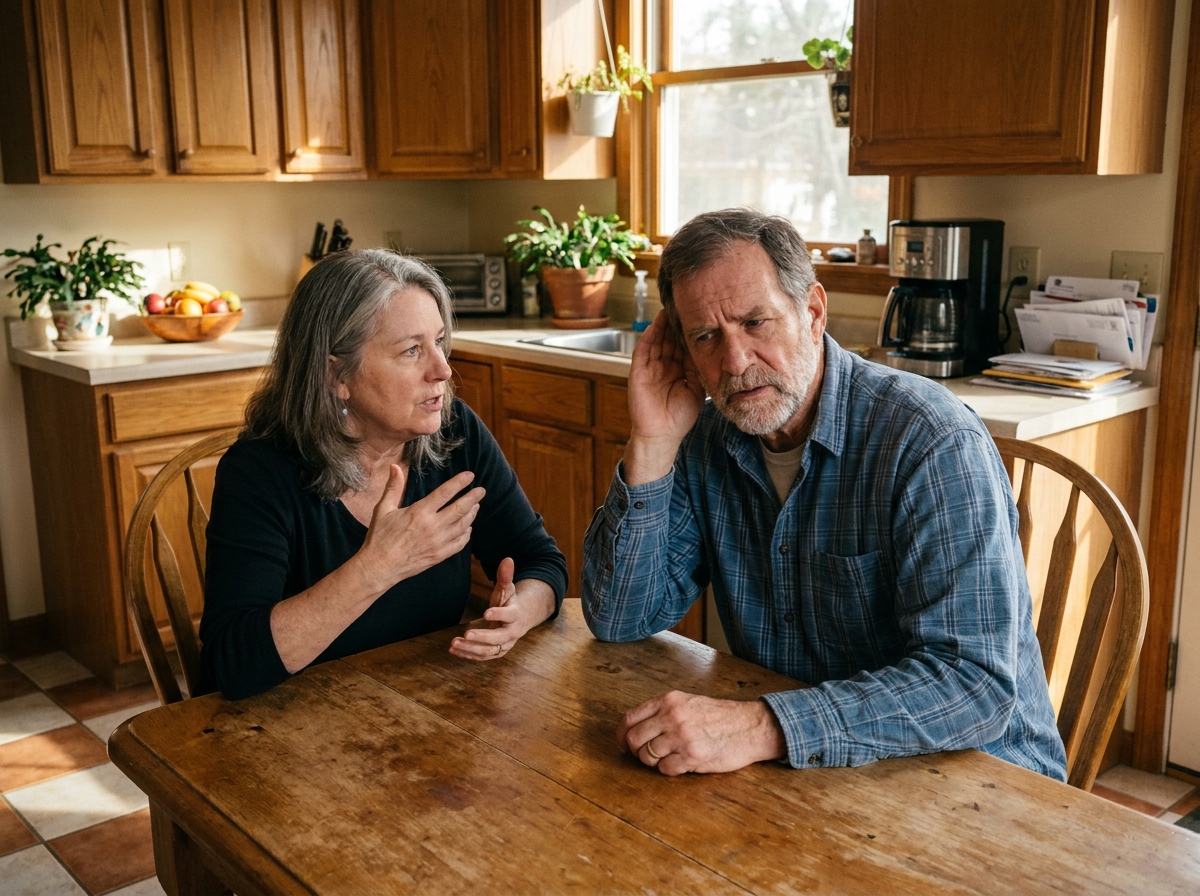 Couple de personnes âgées à la cuisine, l'homme tendant l'oreille pour entendre sa femme lui parler, illustrant une baisse d'audition quotidienne