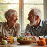 Couple senior riant au petit déjeuner avec légumes et noix
