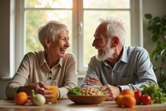 Couple senior riant au petit déjeuner avec légumes et noix