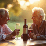 Couple senior dégustant un vin rouge au soleil
