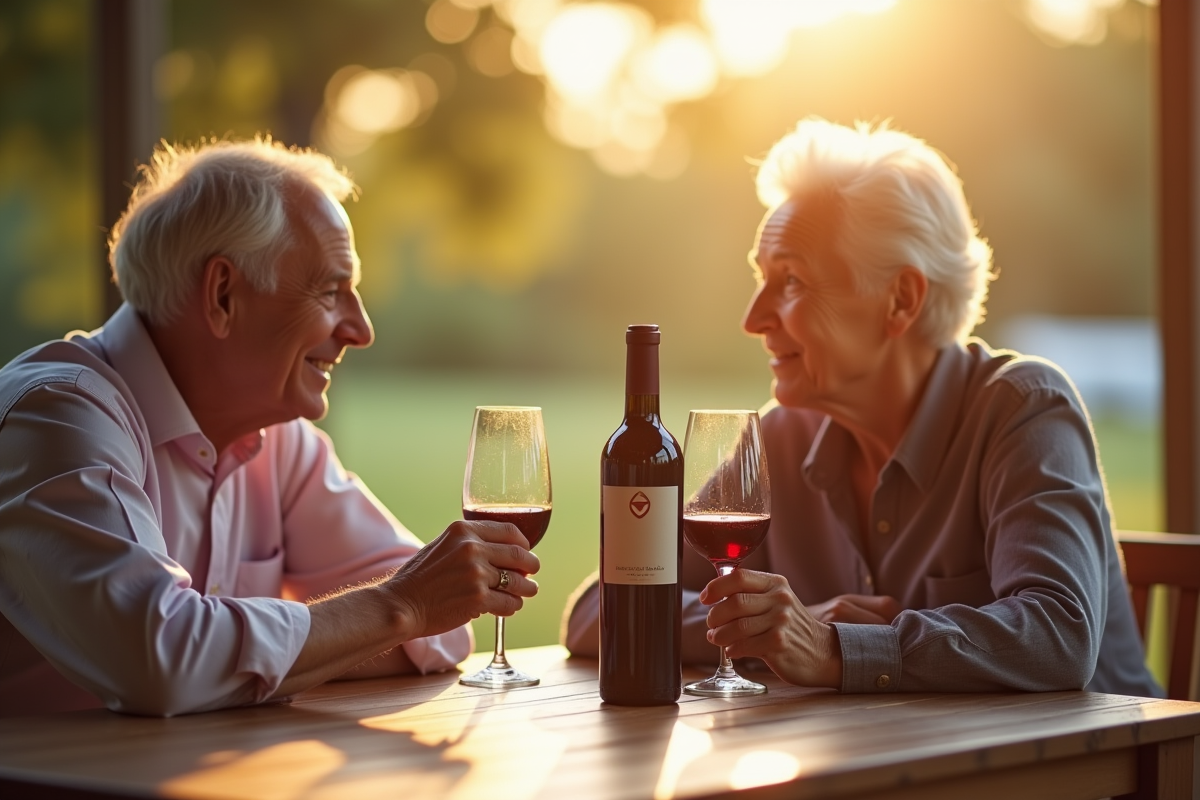 Couple senior dégustant un vin rouge au soleil