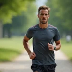 Coureur homme en pleine course dans un parc urbain