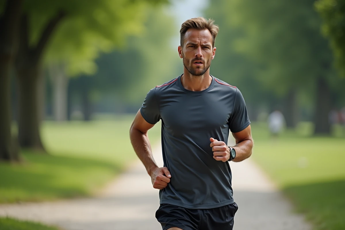 Coureur homme en pleine course dans un parc urbain