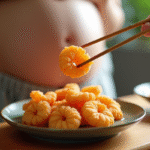 Femme enceinte dégustant des crevettes tempura avec des baguettes