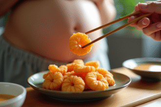 Femme enceinte dégustant des crevettes tempura avec des baguettes