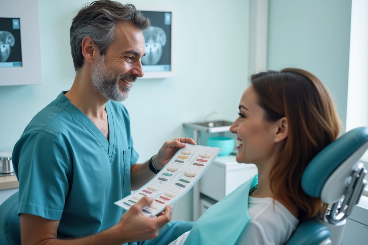 Dentiste présentant des teintiers de céramique dentaire à une patiente lors d'une consultation