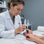 Dermatologue examinant l'ongle d'un patient avec un dermatoscope lors d'une consultation médicale