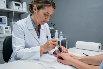 Dermatologue examinant l'ongle d'un patient avec un dermatoscope lors d'une consultation médicale