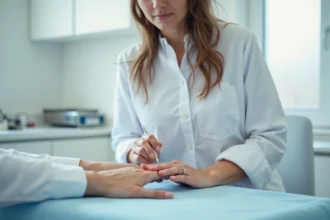Dermatologue examinant un ongle traumatisé lors d'une consultation médicale