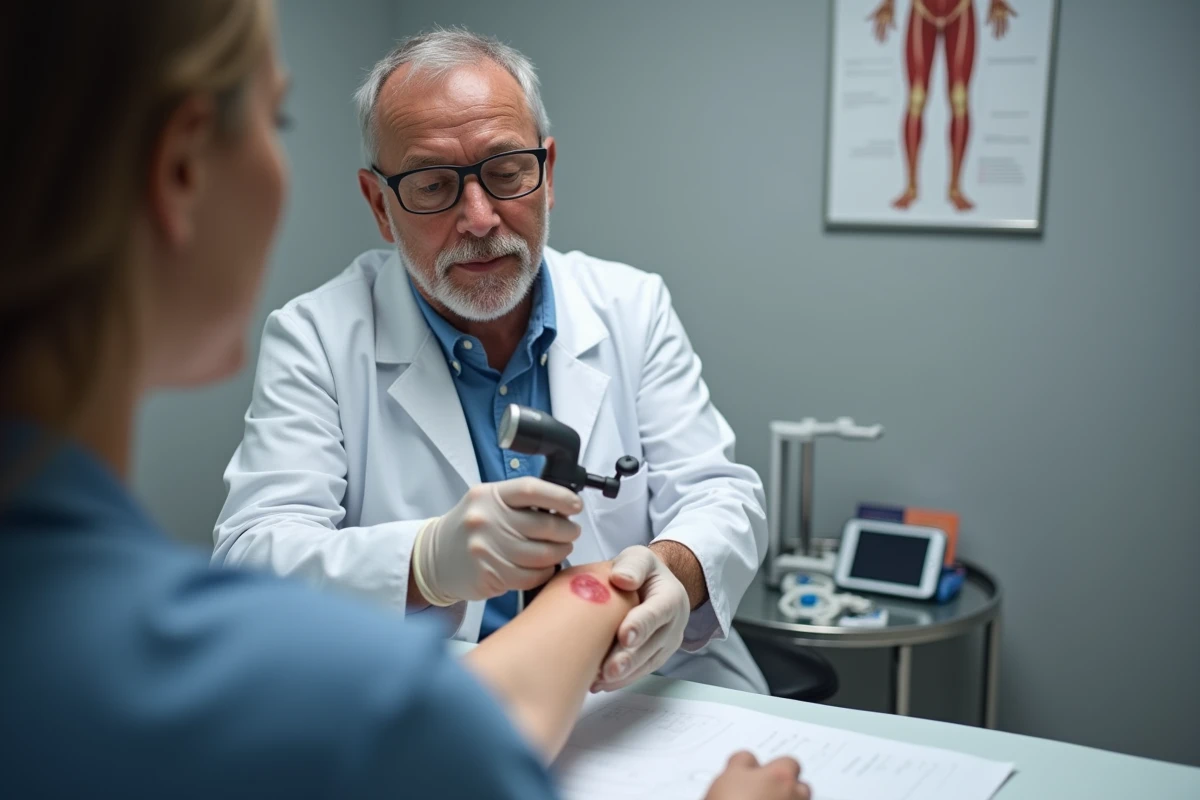 Dermatologue examinant des piqûres de puces sur le bras d'un patient avec un dermatoscope