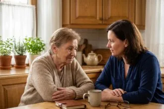 Une femme âgée et sa fille discutent calmement des premiers signes de perte d'autonomie autour d'une table de cuisine