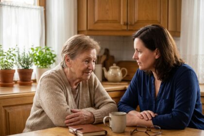 Une femme âgée et sa fille discutent calmement des premiers signes de perte d'autonomie autour d'une table de cuisine