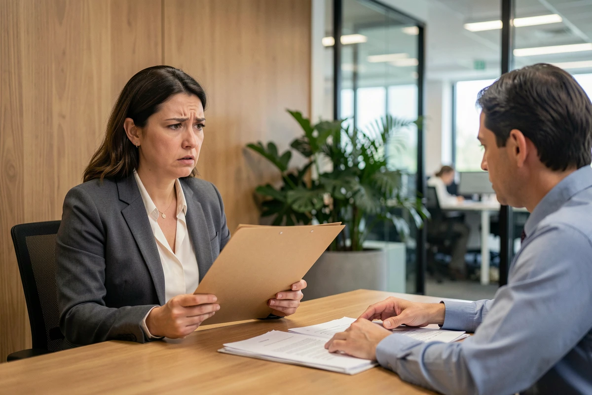 Salariée inquiète face à un responsable RH dans un bureau moderne discutant des documents liés à la reprise du travail après un accident