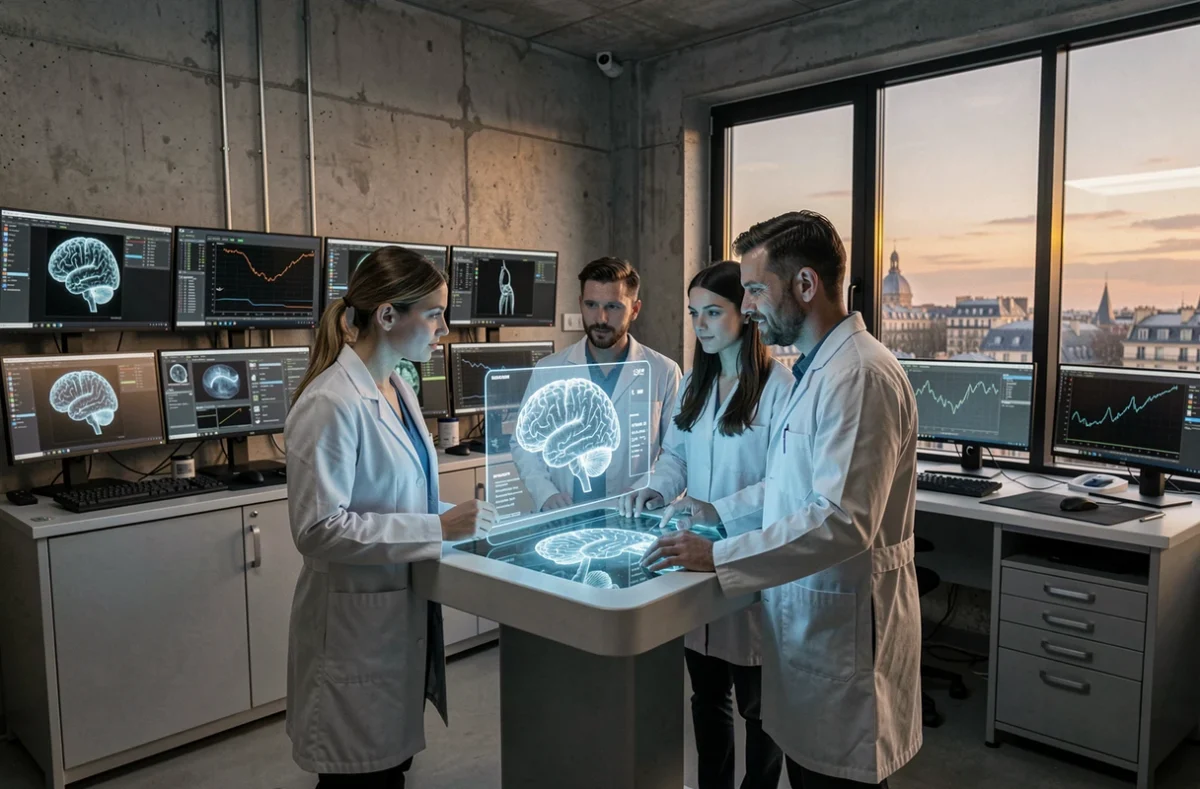 Équipe de neurochirurgiens analysant une cartographie cérébrale 3D dans un laboratoire médical à Tours