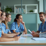 Professionnels de santé en réunion dans un hôpital moderne