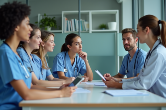 Professionnels de santé en réunion dans un hôpital moderne