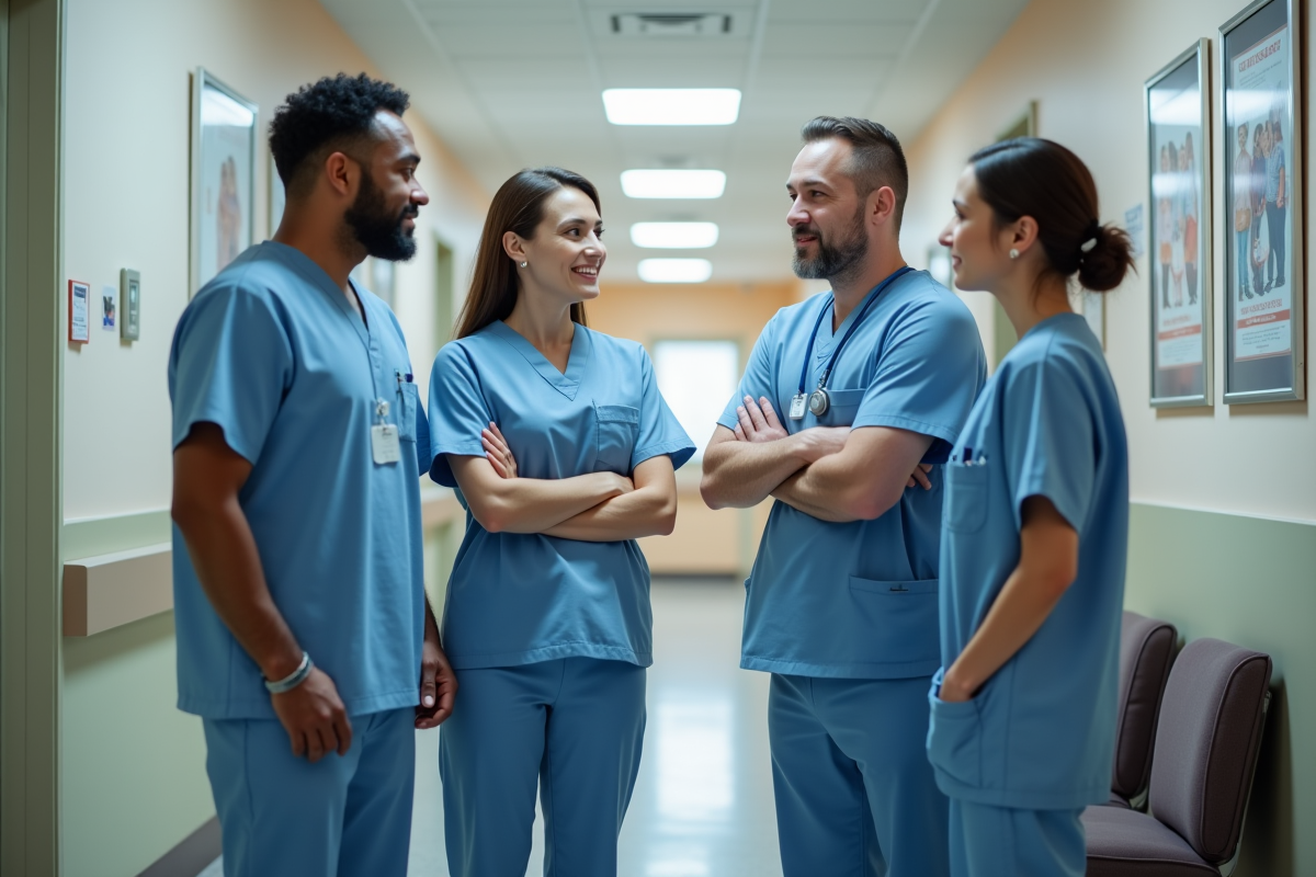 Équipe soignante en discussion dans un couloir d