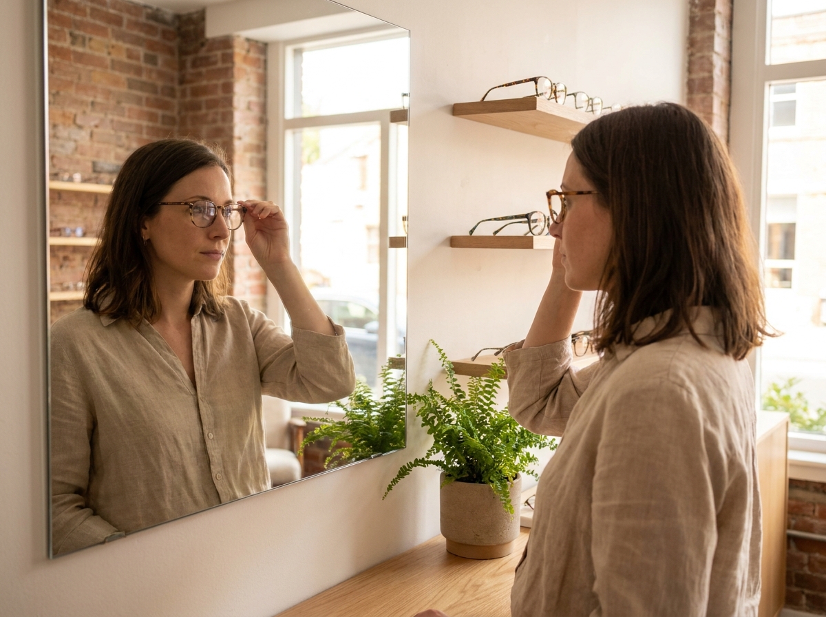 Jeune femme essayant des lunettes en acétate devant un miroir dans une boutique d'opticien indépendant à l'ambiance artisanale