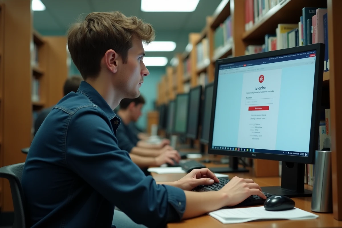 Étudiant tentant de se connecter à Cristolink UPEC sur un ordinateur en bibliothèque universitaire avec une page d'accès bloqué