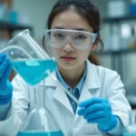 Étudiante en chimie préparant une solution avec une pipette et une fiole jaugée en laboratoire universitaire