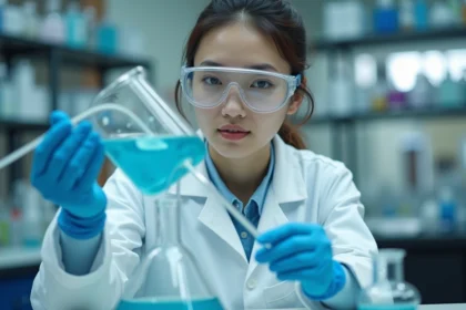Étudiante en chimie préparant une solution avec une pipette et une fiole jaugée en laboratoire universitaire