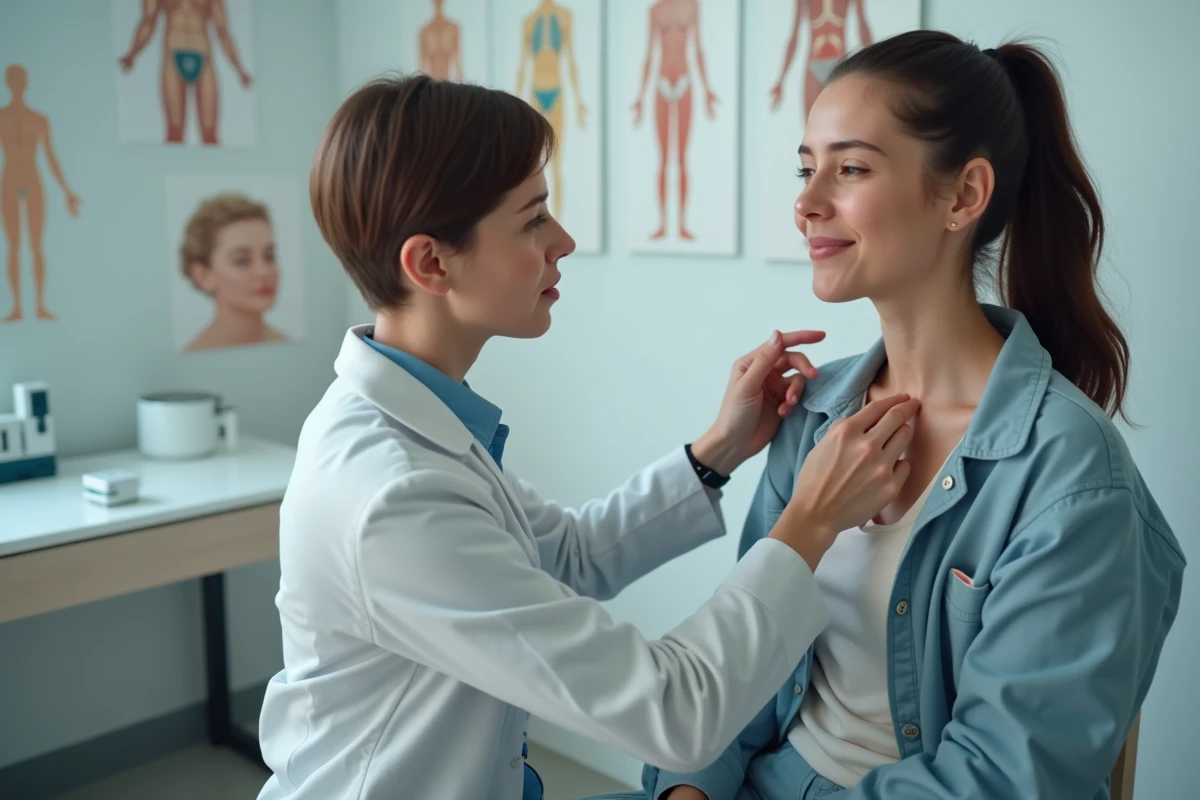 Examen clinique d'une patiente présentant des symptômes de mononucléose infectieuse avec adénopathies cervicales lors d'une consultation médicale