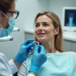 Femme examinée par un dentiste pour une douleur persistante au palais dans un cabinet dentaire moderne