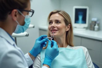 Femme examinée par un dentiste pour une douleur persistante au palais dans un cabinet dentaire moderne